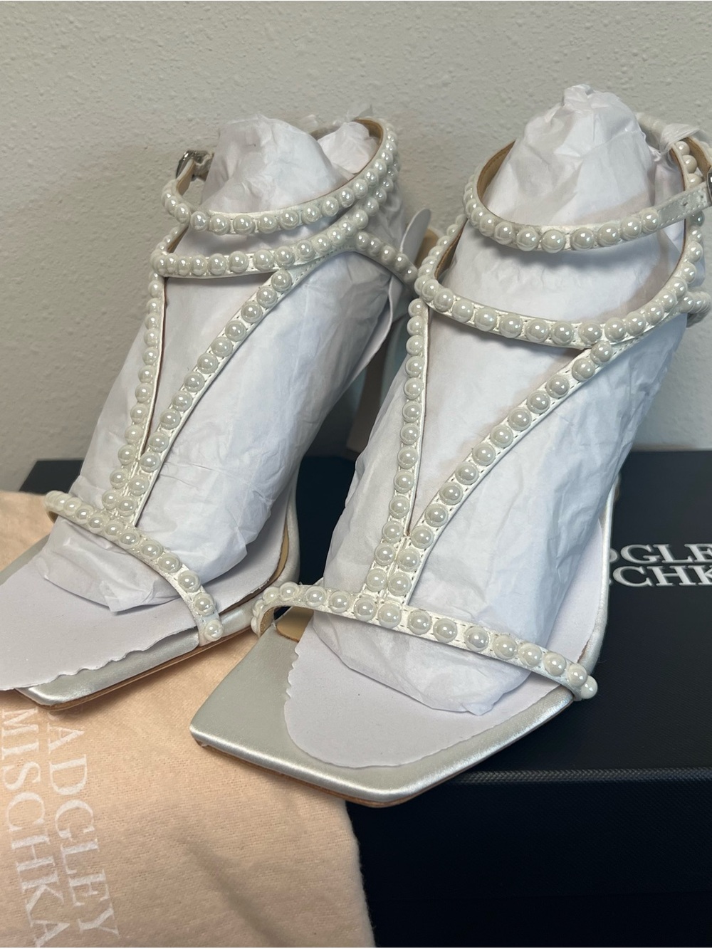 Badgley Mischka White Pearl-T Strap Dress Heels